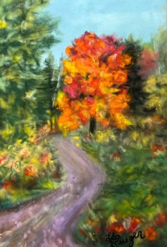 Pastel art piece featuring a path, trees, and foliage