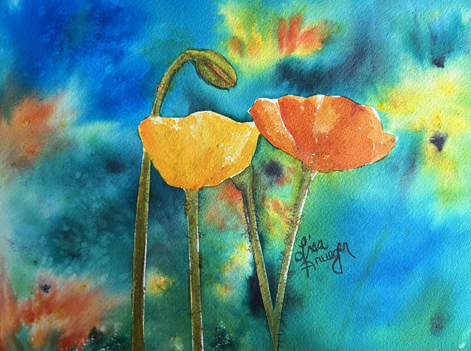 Watercolor poppies on a vibrant background created using the Brusho technique.