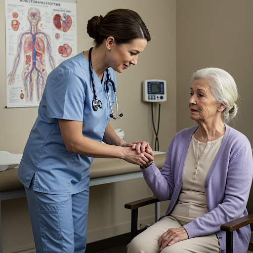 A health care professional holds the hand of an elderly, seated patient in a clinic setting.