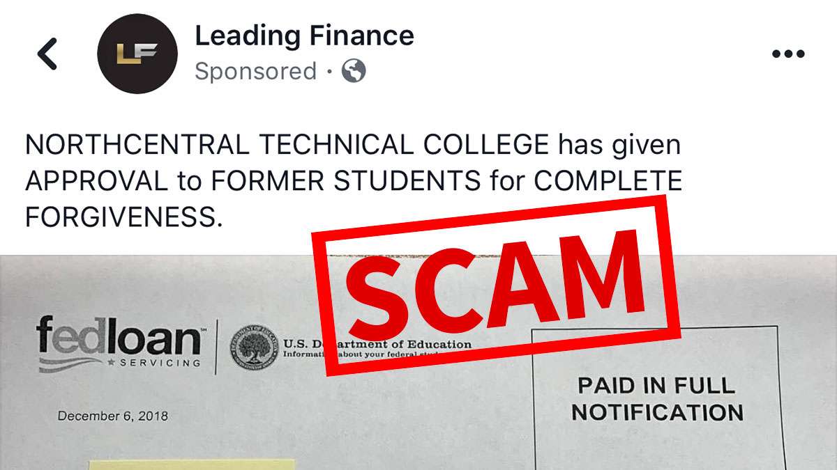 NTC Scam Loan Forgiveness warning. Depicting Leading Finance as the name to look out for.