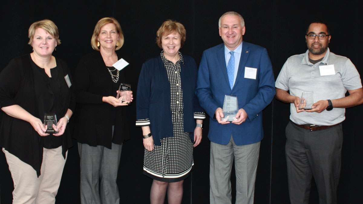 Leaders from Church Mutual and NTC stand together after the Employer of the Year award was presented at NTC. Pictured Left to Right: Barb Tushoski, Church Mutual Human Resources Manager; Dawn Bernatz, Church Mutual Director of Corporate Communications; Dr. Lori Weyers, President of NTC; Rich Poirier, Church Mutual President and CEO; and Kshitij Kohli, Church Mutual Advisory IT Application Development Manager.