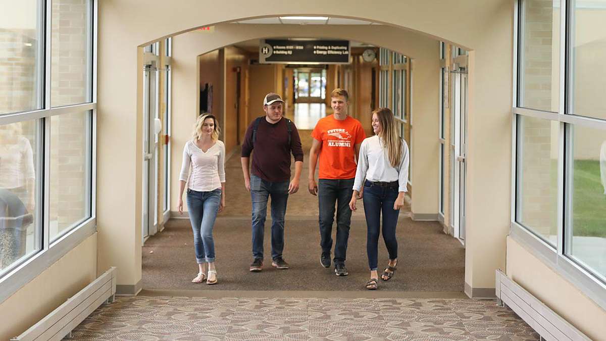 Four students walking down the hallway together