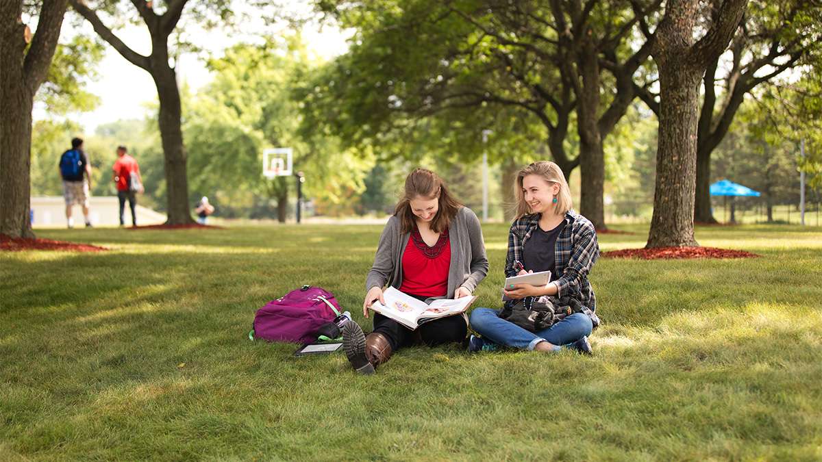 Two students sit together on the grass with school books in the Wausau Campus Courtyard