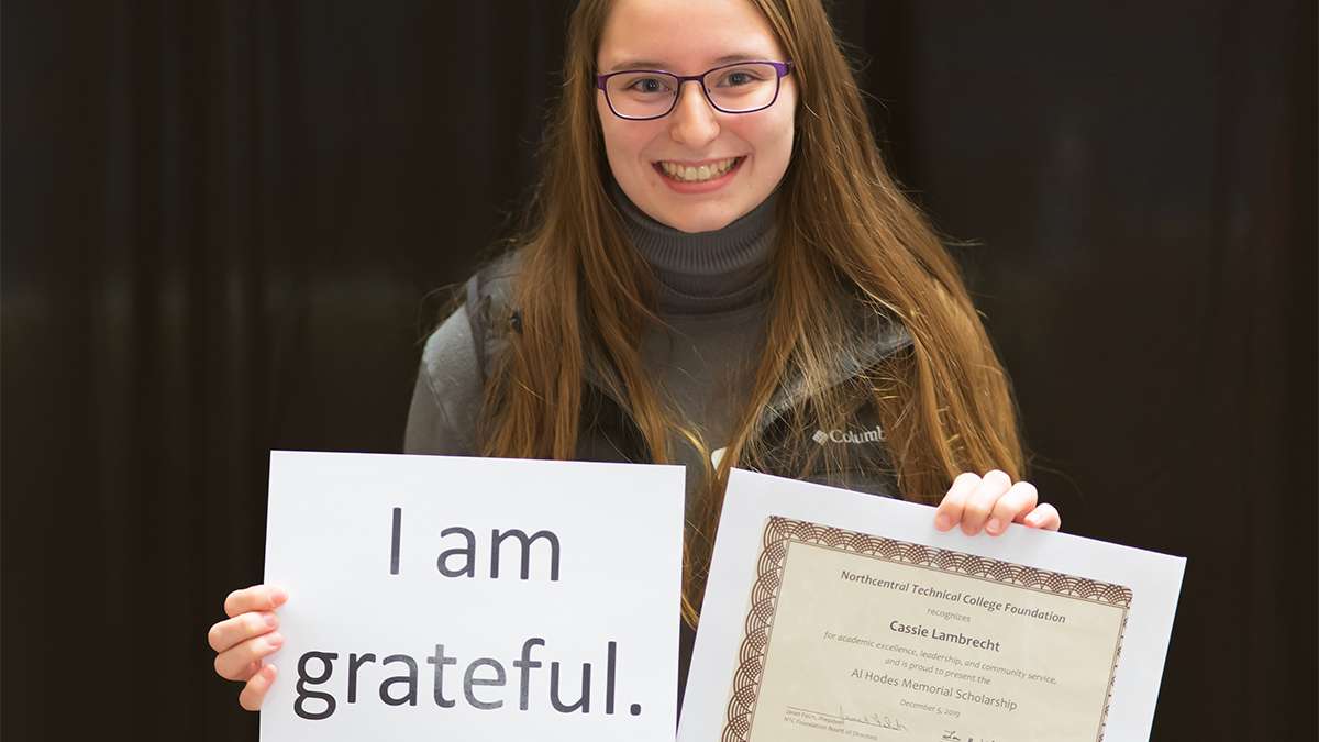 NTC student and scholarship recipient, Cassie Lambrecht, shows her gratitude for receiving a scholarship while attending NTC.