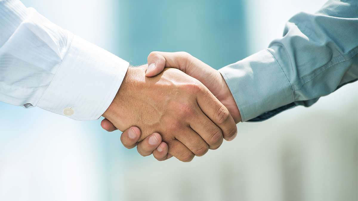 Two hands are joined in a handshake