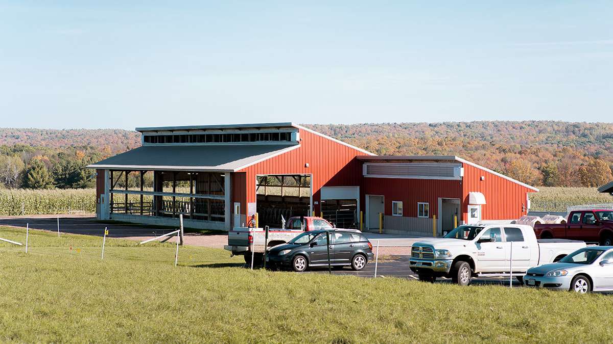 An external view of barns at the Northcentral Technical College Agriculture Center of Excellence.