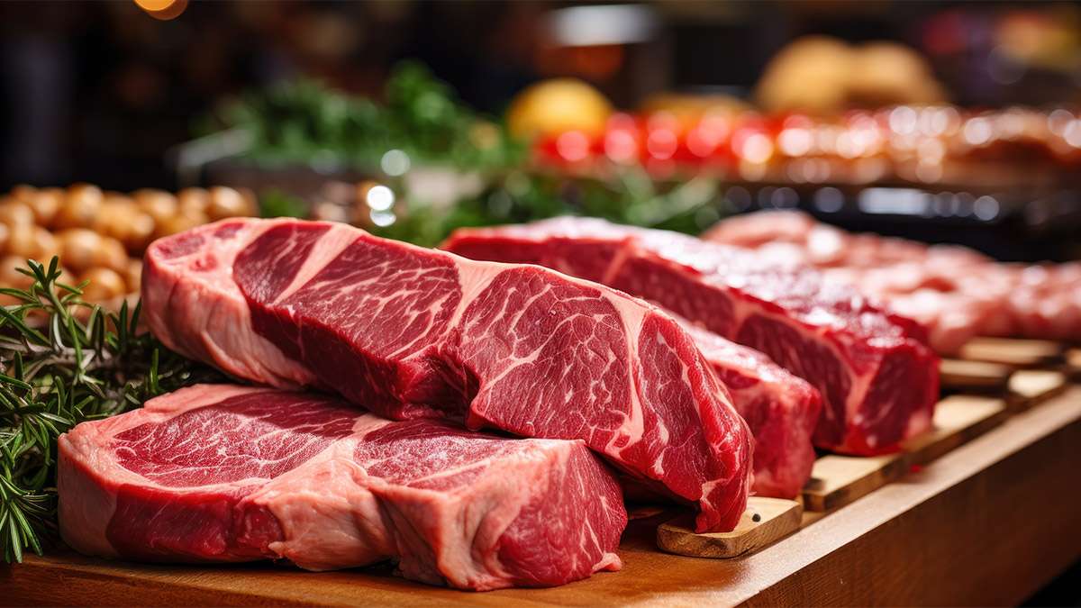 Several slabs of steak on a wooden cutting board with green garnish and food in the background.