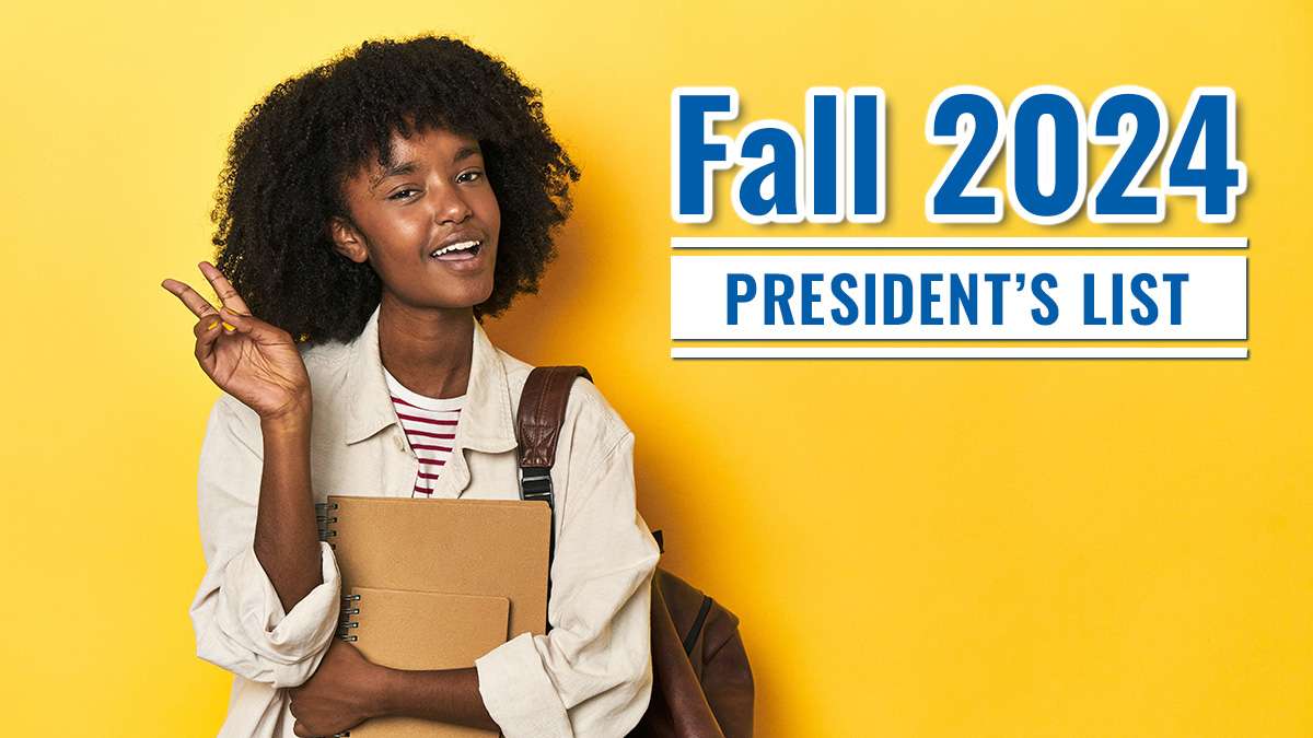 A student with curly hair making a peace sign against a yellow background, with text reading "Fall 2024 President's List".