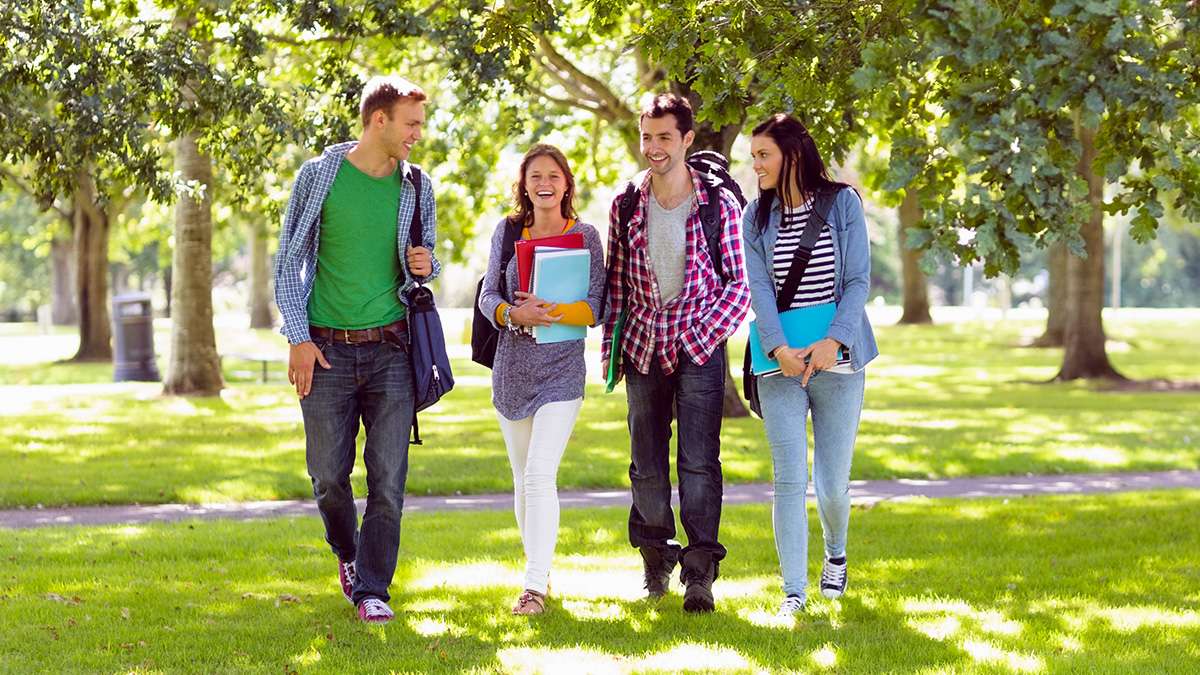 Four college students walk together outside on a sunny day, smiling and holding books on a green, tree-lined campus.