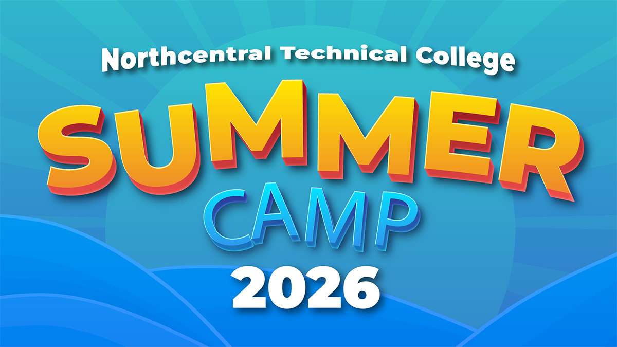 Bright teal sunburst background with layered blue waves, bold 3D yellow-orange SUMMER, smaller blue CAMP and white 2026.