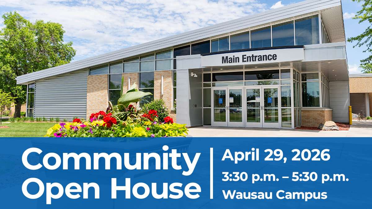 External view of the Northcentral Technical College front entrance," surrounded by green lawn and red flowers.