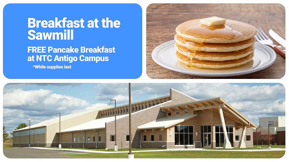 Tan campus building under blue sky, inset stack of pancakes with butter and syrup and a blue banner.