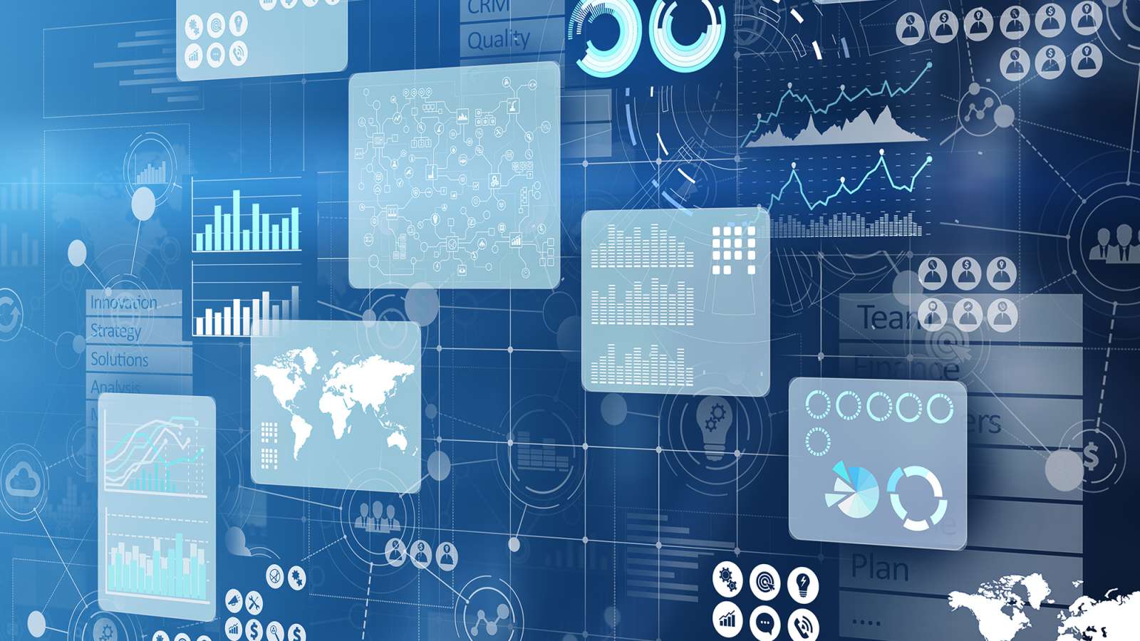 Analytics are shown in the form of pie charts, bar charts, and line graphs.
