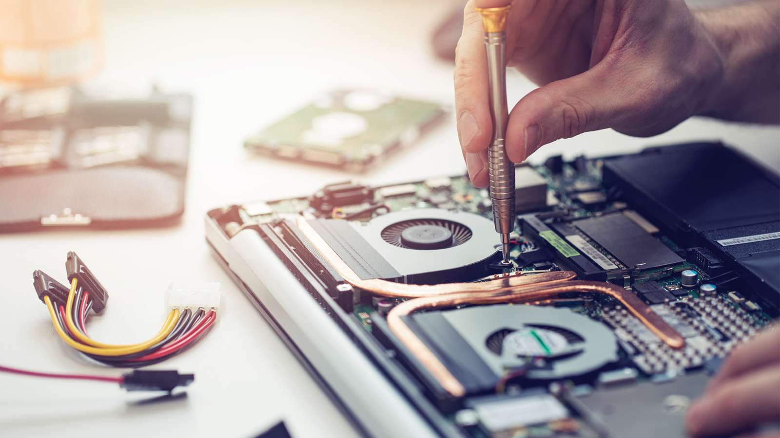 A computer support specialist is using a screwdriver to make repairs to a laptop. 