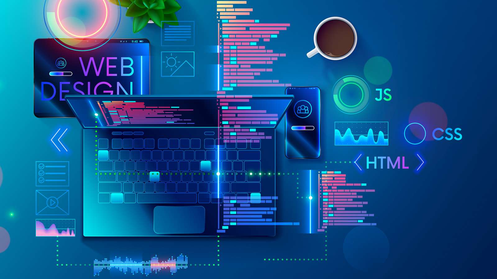 Abstract art featuring a laptop, phone and tablet with neon colors.
