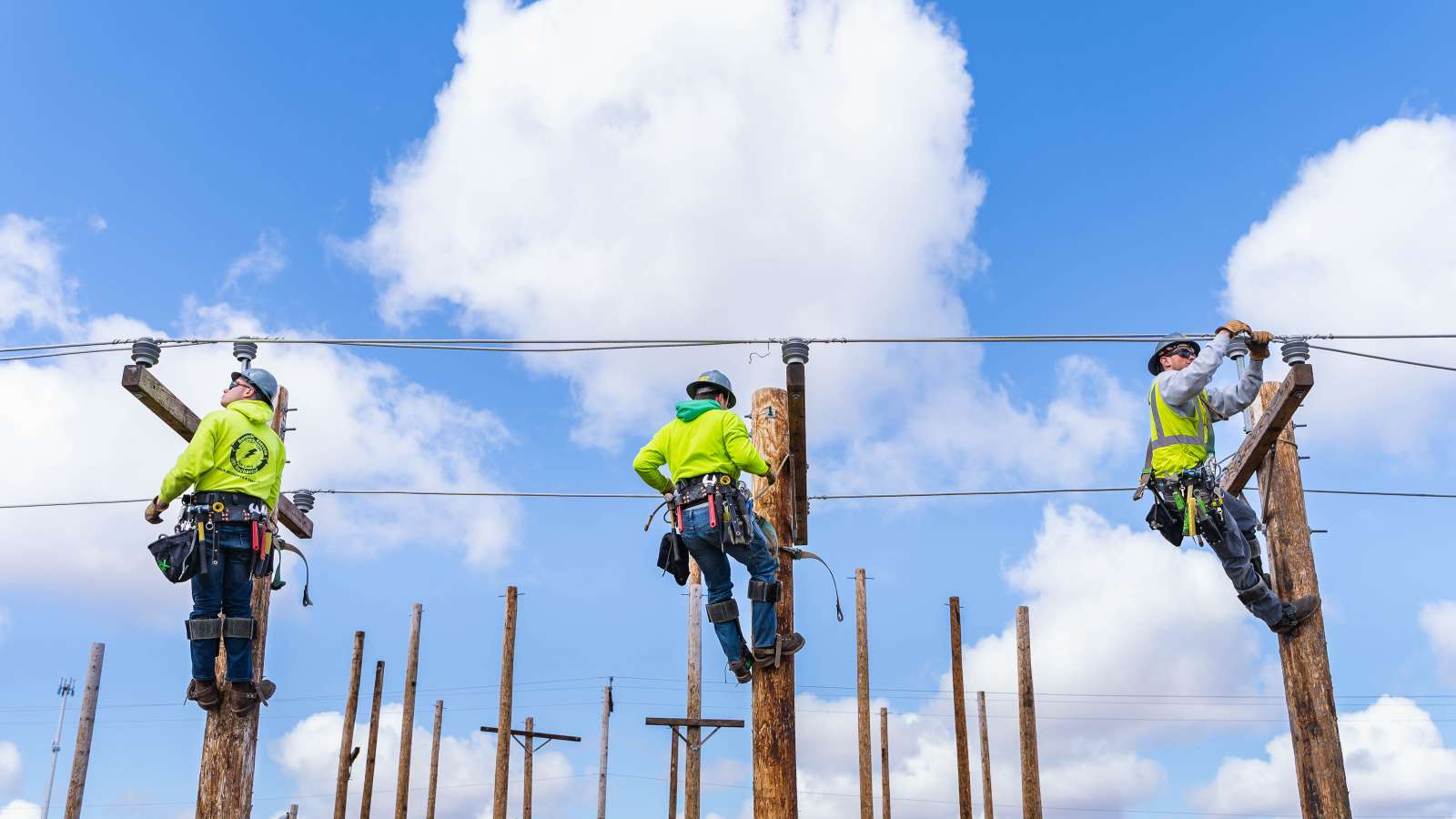 Three Electrical Power Distribution students in high-visibility vests work on power lines.