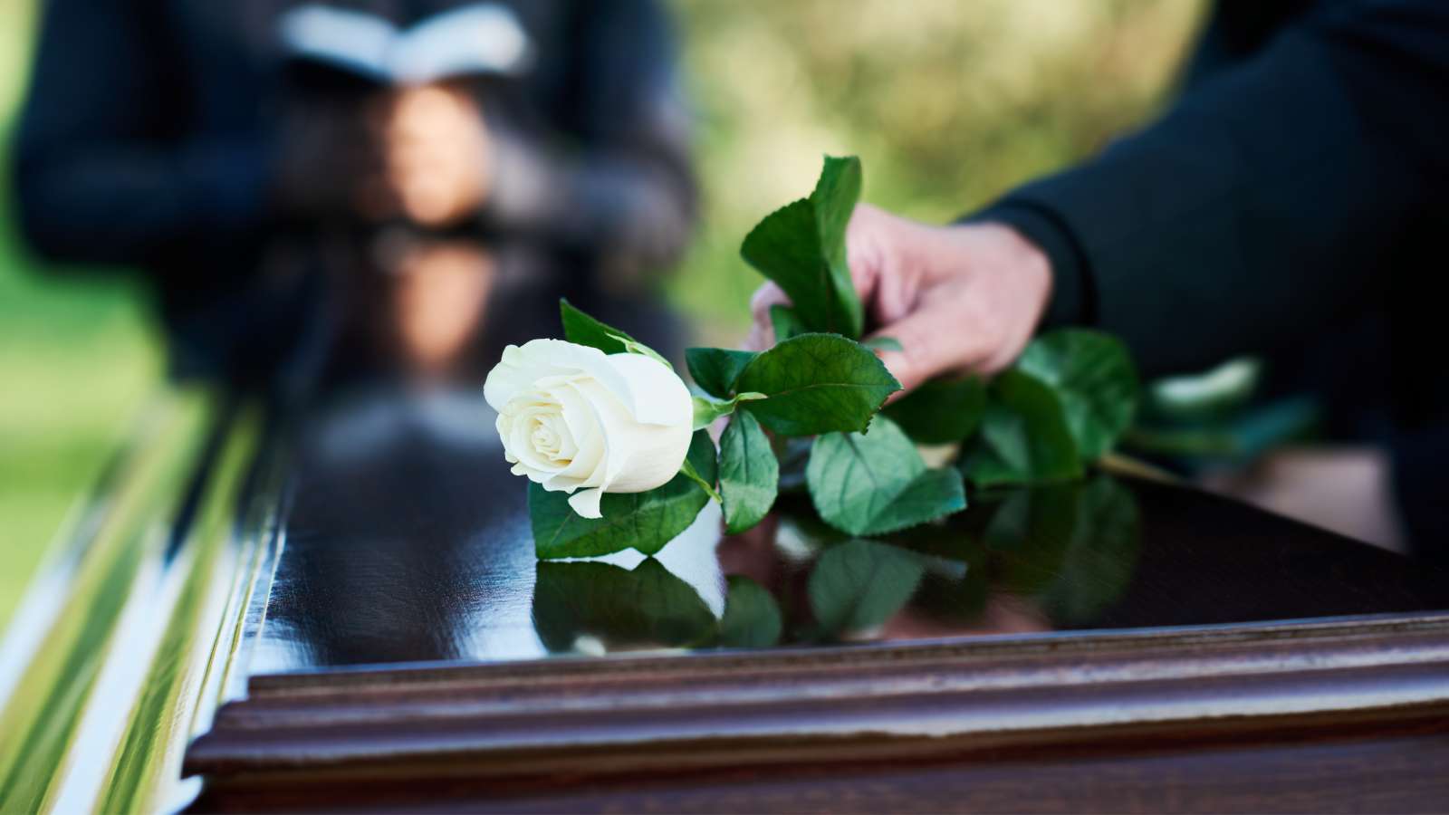 A white rose being placed on top of a closed casket by a person in a dark suit, with another person in a suit standing in the background, holding an open book.