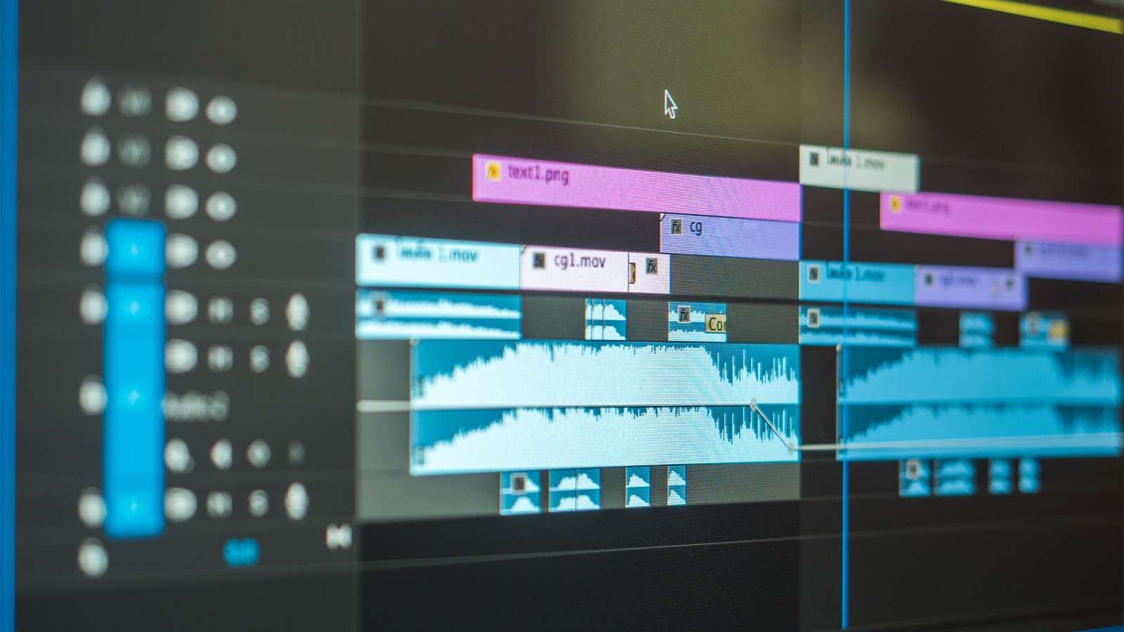 Close-up DAW arrangement view showing teal audio waveform clips across multiple tracks and timeline gridlines.
