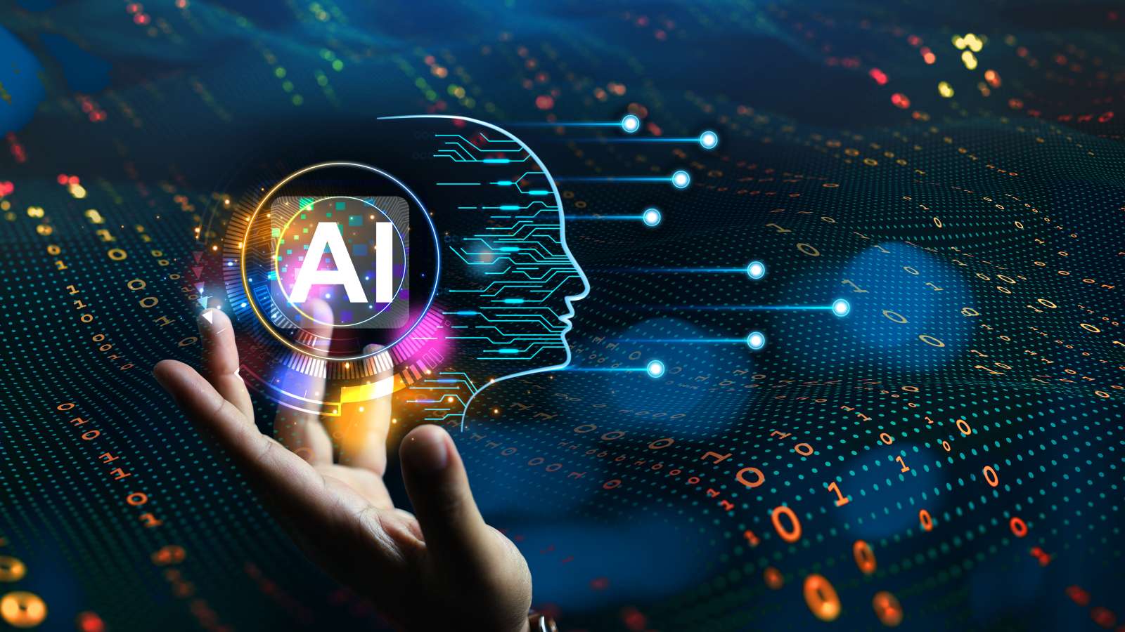 A hand holds a glowing sphere labeled AI before a translucent human-head silhouette amid flowing blue circuitry, binary digits and a glowing digital grid.