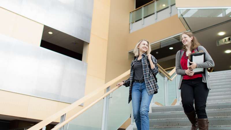 Two students walking down the stairs of CHS building