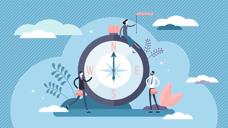 An illustration of two people standing next to a large compass with a woman sitting on top holding a flag blowing in the wind.