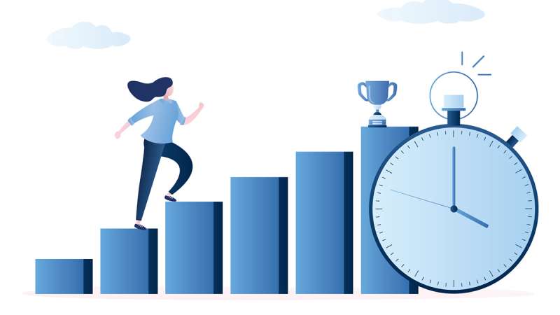 A young woman runs up steps to get to a trophy. Next to the steps is a graphical image of a stopwatch running.