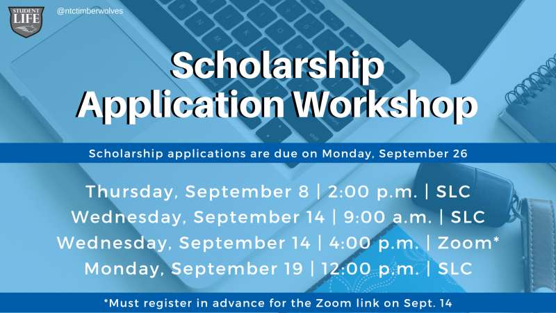 picture of laptop, notebook, and keys. scholarship application workshop dates listed 