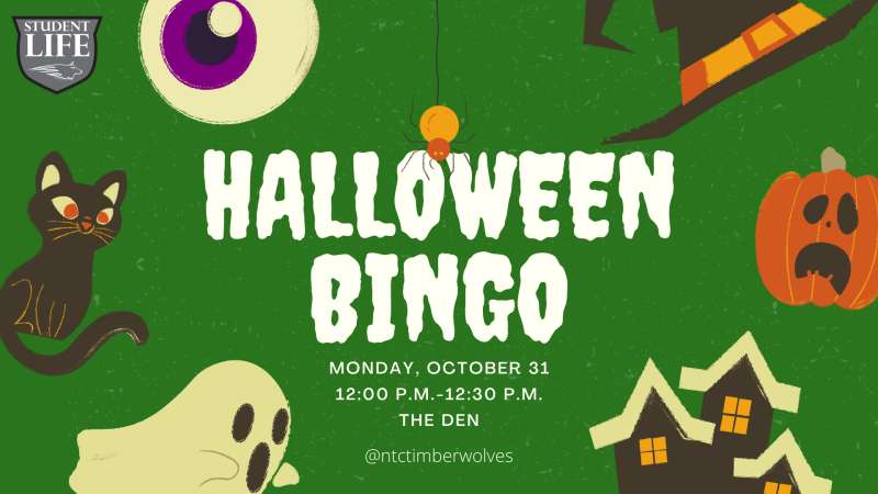 halloween bingo on monday, October 31 in the den. noon to twelve thirty