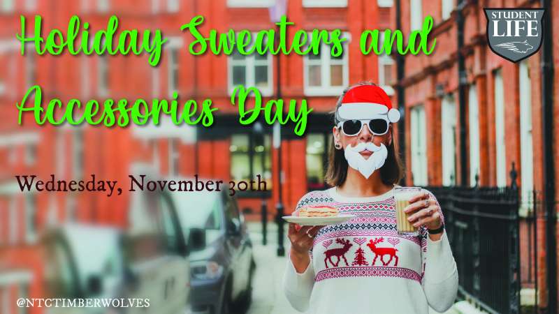 person wearing festive sweater and fake santa beard.