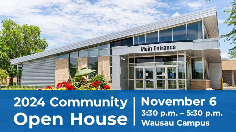 An external view of the front entrance of Northcentral Technical College with a graphical overaly with event details.