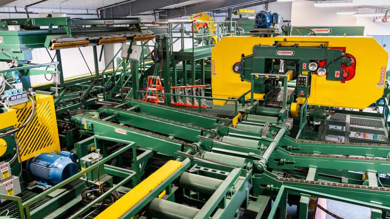 State-of-the-art sawmill facility featuring industrial machinery, conveyor systems, and a bandsaw, designed for hands-on training in lumber processing techniques.