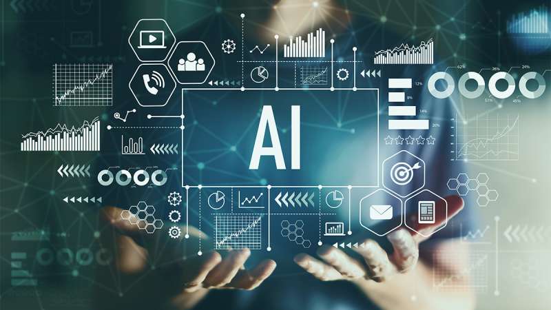 AI technology visualization with interconnected data charts, graphs, and digital icons floating around the letters AI.