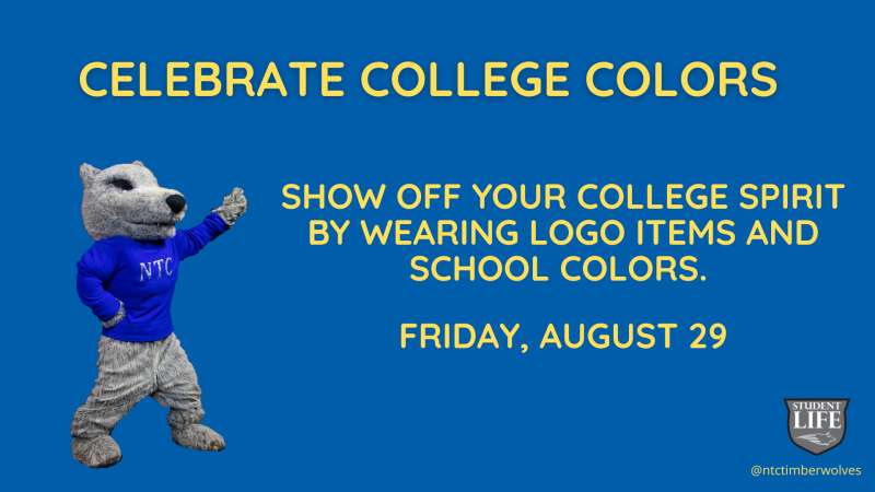 A timber wolf mascot in a blue shirt with 'NTC' on it stands on a solid blue background, arm raised.