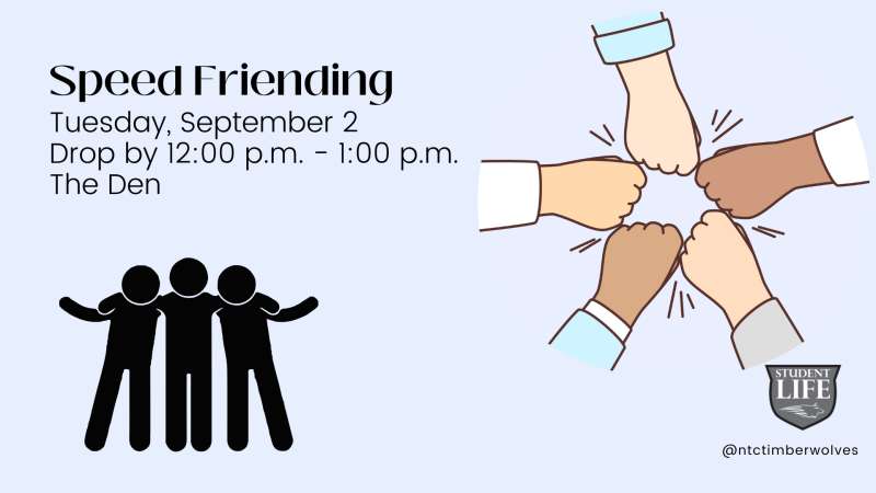 An illustration for a "Speed Friending" event, showing three embracing stick figures and diverse hands in a unity fist bump circle. Includes a shield logo.