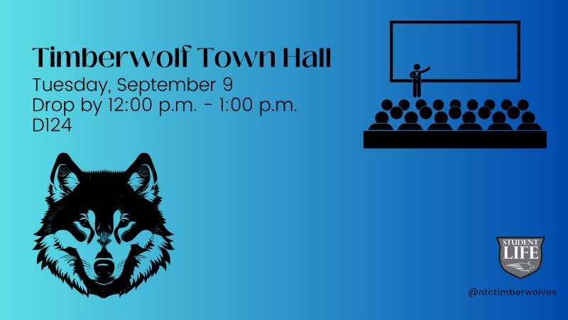 Blue event flyer for Timberwolf Town Hall on September 9, 12-1 PM, C124, featuring a wolf drawing and presentation icon.