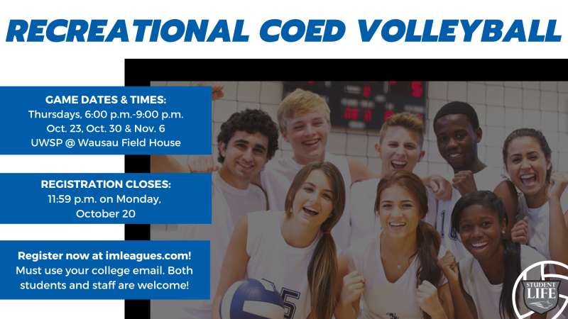 Smiling group of diverse young adults in white shirts, likely a recreational coed volleyball team, on a court. Text banner reads 'RECREATIONAL COED VOLLEYBALL'.