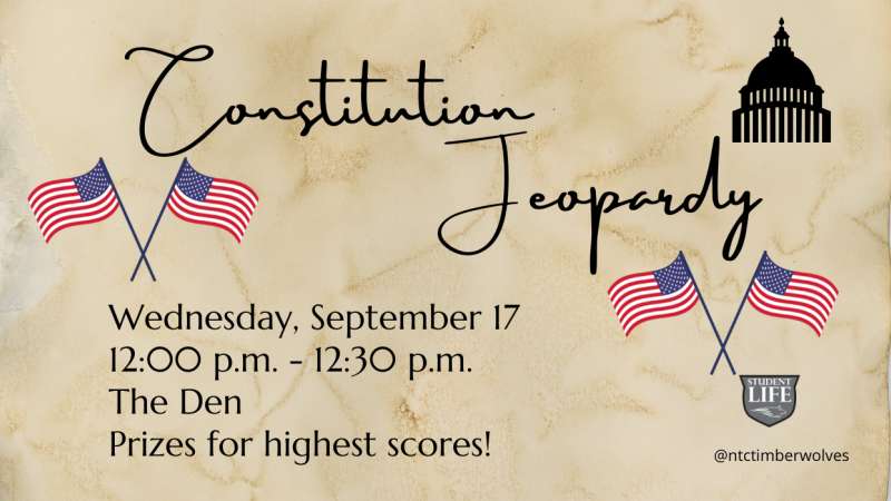 "Constitution Jeopardy" event flyer: September 17, 12-12:30 p.m., The Den. Vintage paper with American flags and a Capitol building silhouette. Prizes awarded.