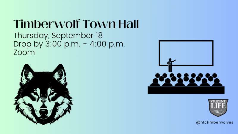 Drawing of a wolf and meeting icon announce Timberwolf Town Hall on Thursday, September 18, 3-4 PM on Zoom.