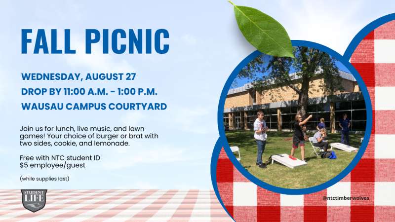 Flyer featuring a red and white checkered picnic pattern and sky background. An embedded photo shows people playing cornhole outdoors.