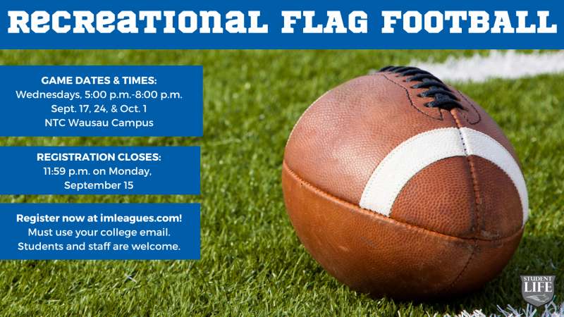 Graphic advertising recreational flag football with a brown football on a green field and a blue banner.
