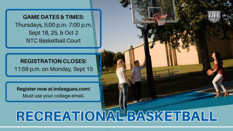Three people play basketball on an outdoor blue court with a hoop. A logo is in the top right corner.