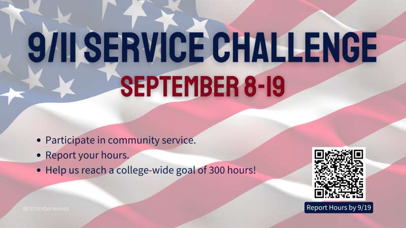 9/11 Service Challenge banner against an American flag. Text invites participation in community service, September 8-19, with a goal of 300 hours.