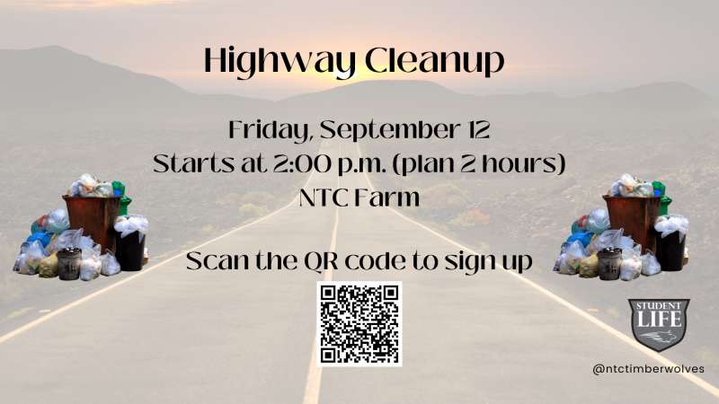Highway Cleanup flyer: Friday, September 12, 2 PM at ATC Farm. A highway with trash piles, mountains, QR code, and Freedom for Life logo.