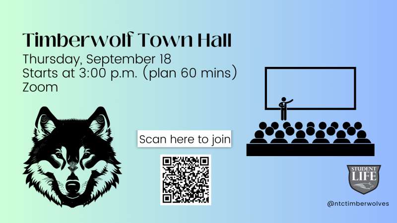 Timberwolf Town Hall invitation: Thursday, September 18, 3 PM on Zoom. Includes a wolf drawing, presentation graphic, QR code, and LIFT logo.