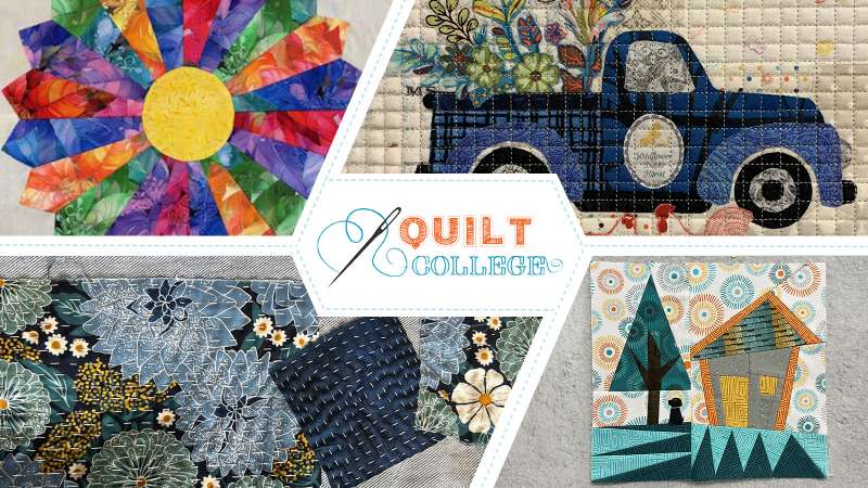 Quilt College logo centered among four colorful quilt blocks: a radiant flower, a blue truck with flowers, dark floral fabric, and a geometric house with a tree.