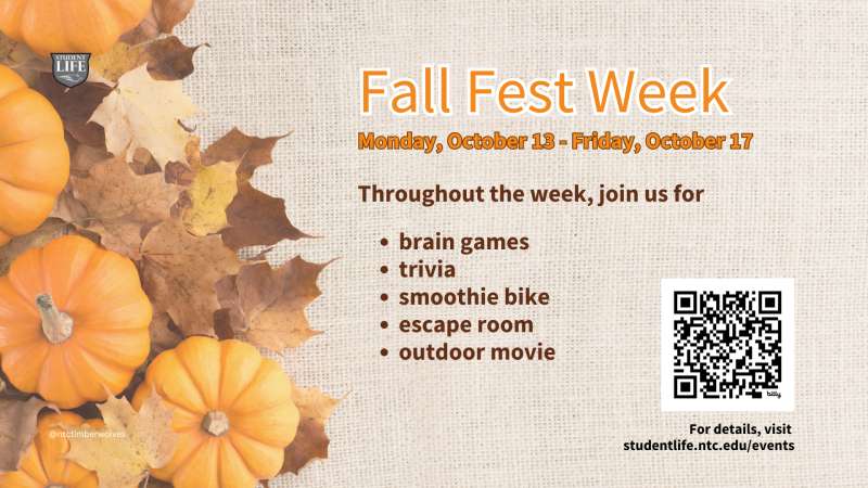 Fall-themed graphic with pumpkins and autumn leaves, announcing "Fall Fest Week" from October 23-27, featuring various activities and a QR code.