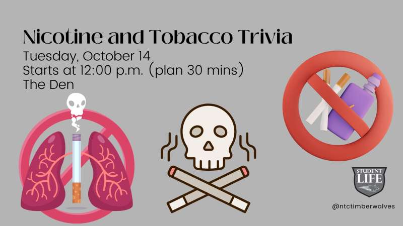 Nicotine and Tobacco Trivia announcement. Graphics depict lungs harmed by smoking, a skull and crossed cigarettes, and a no-smoking/vaping sign. Wellness for Life logo included.