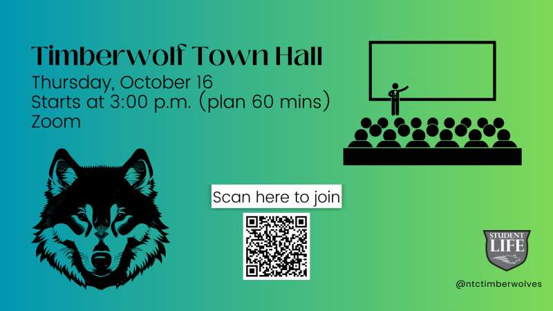 Timberwolf Town Hall Zoom invitation: October 16, 3 PM. With wolf drawing, presenter and audience, QR code, and Student Life logo.