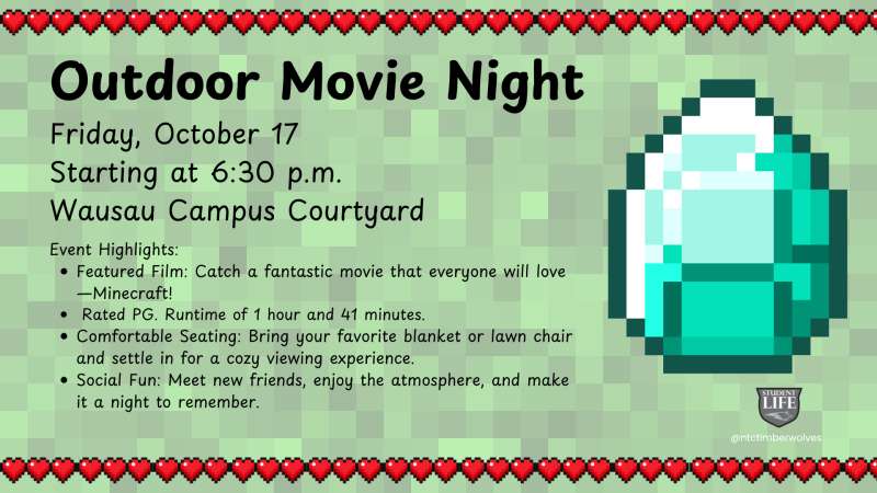 Minecraft-style flyer for an Outdoor Movie Night, Friday, October 17, 6:30 PM. Features a pixelated diamond and red hearts.