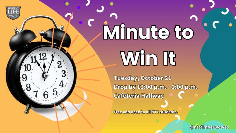 Black alarm clock on a vibrant yellow, purple, and green background. Large "Minute to Win It" text, with a small LITE logo.